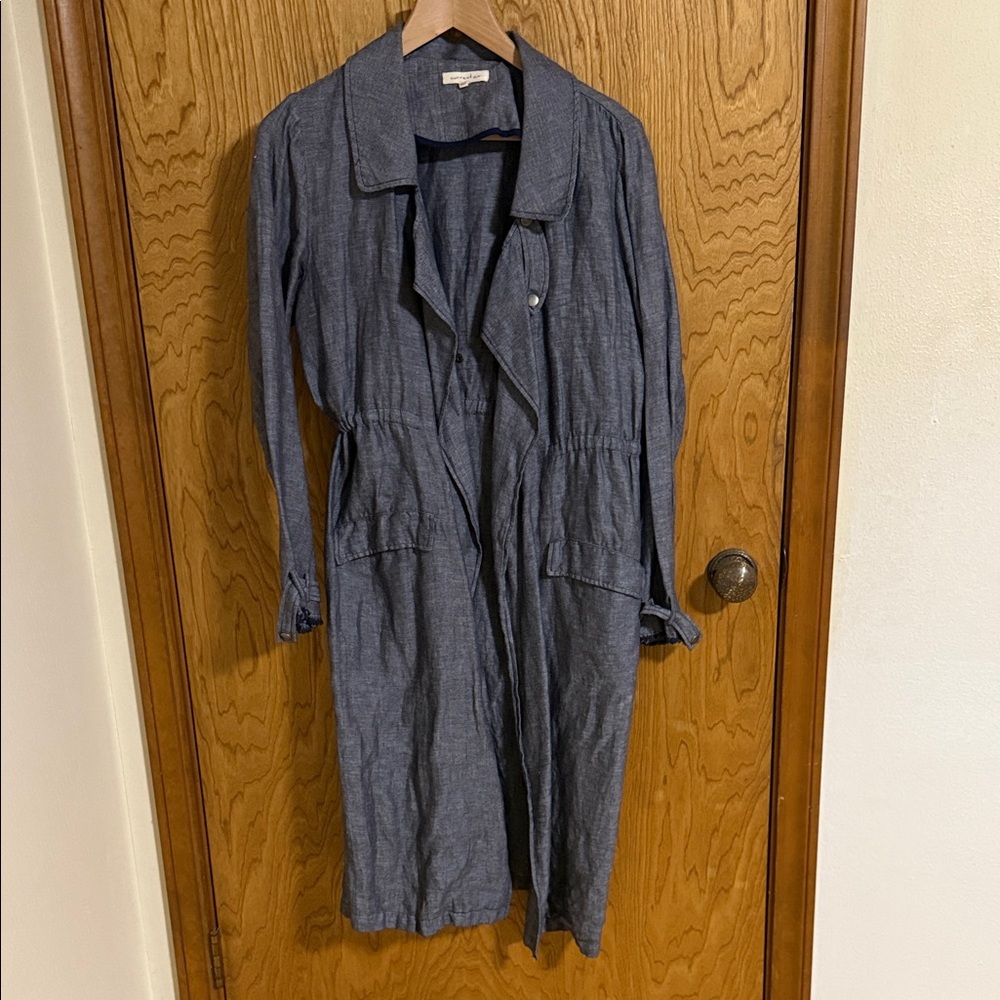 Anthropologie Current Air Blue Trench Coat Linen-Cotton Blend Lightweight Medium